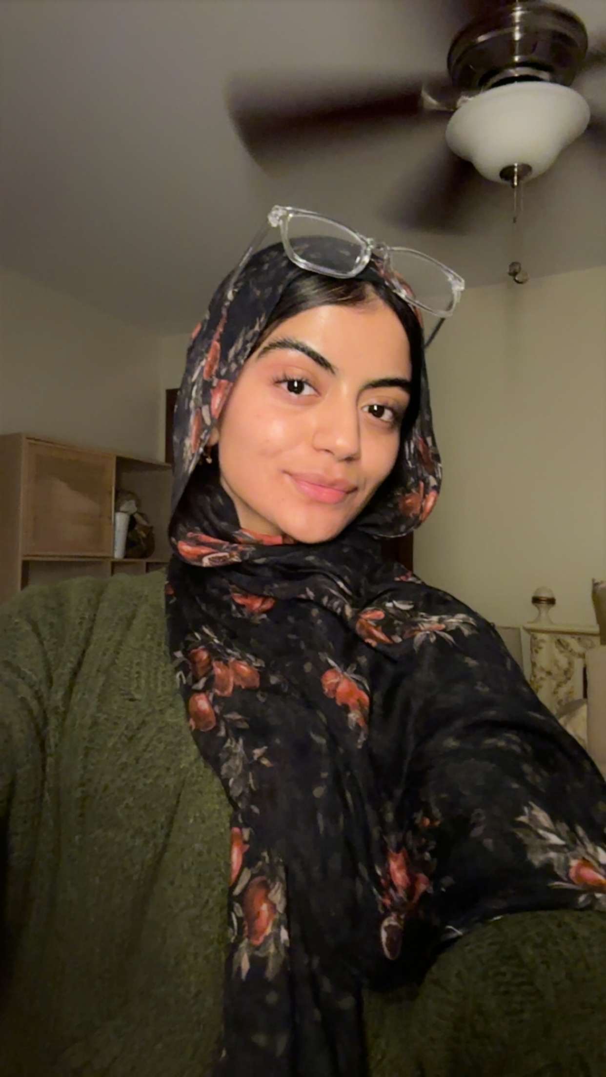 Alishba wearing his green sweater at home